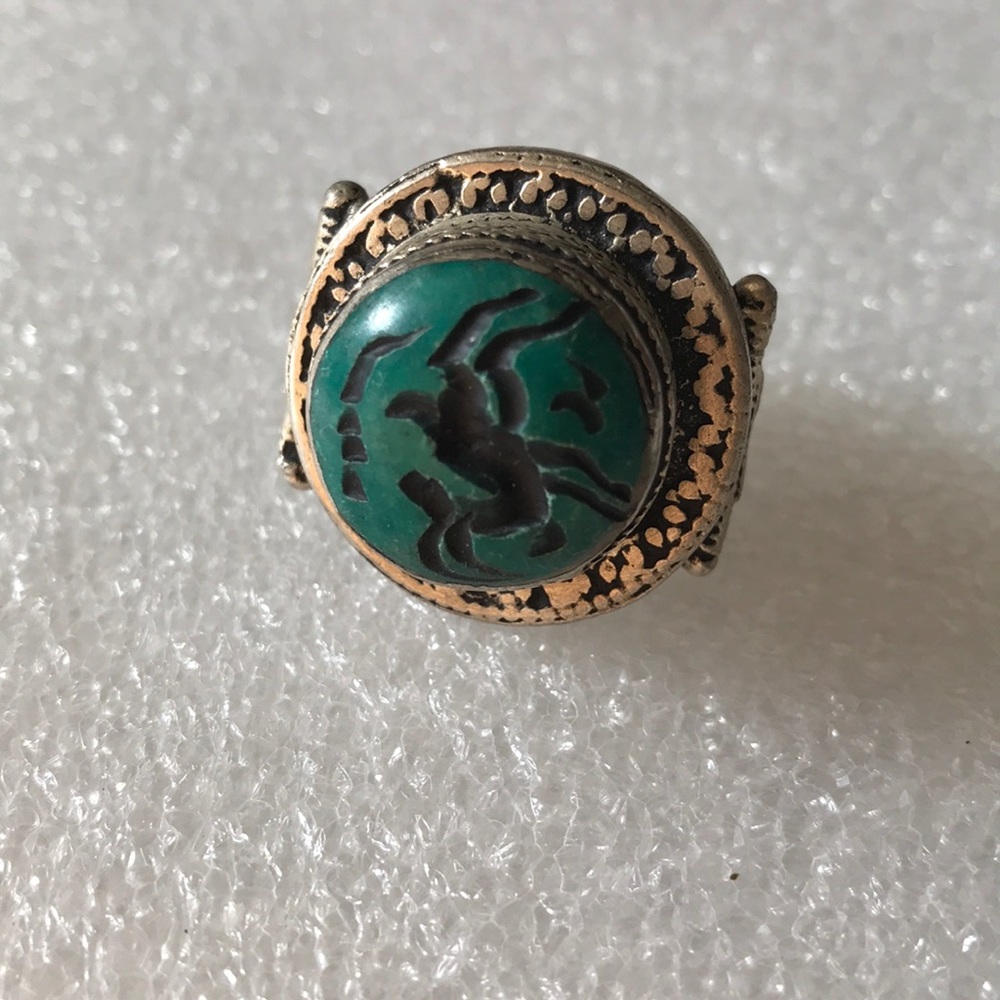 Antique seal engraved deer green turquoise ring